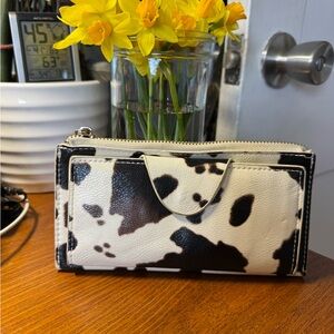 Cow-Print Zip Wallet Clutch in Black and White Faux Leather